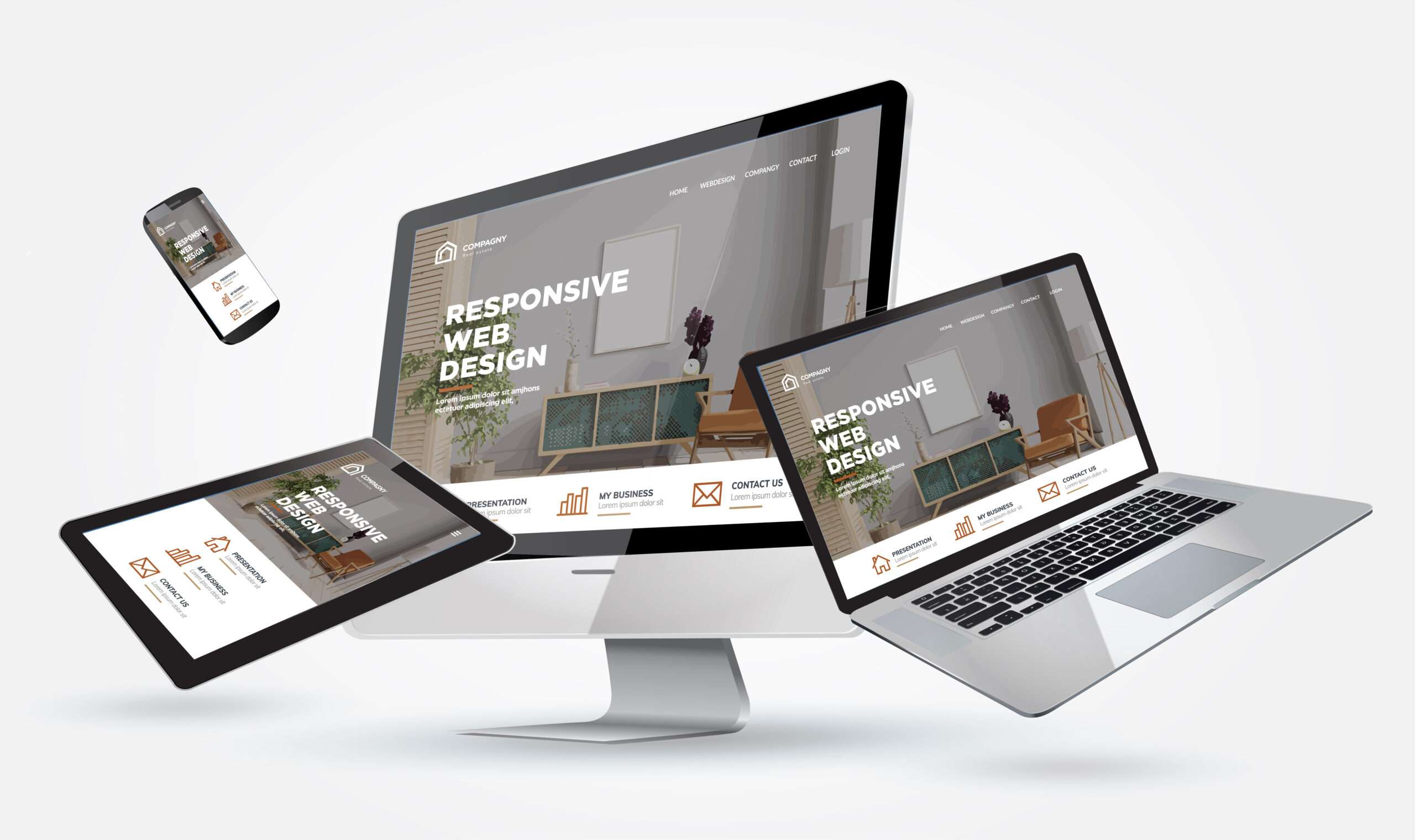 An image of a computer, phone, and tablet showing a responsive website design by FaithWorks Business Solutions in East Texas.